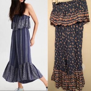 Japna smocked ruffle strapless jumpsuit wide leg palazzo romantic blue floral M